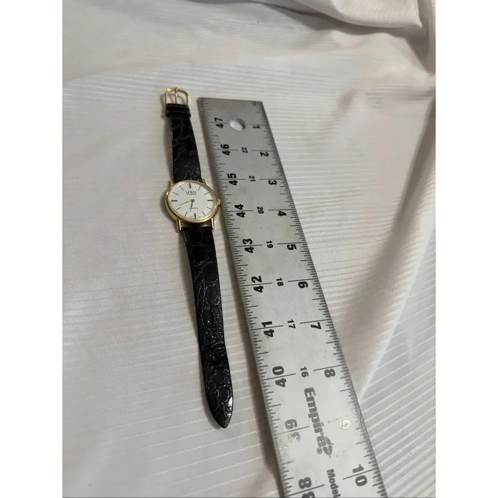 VTG USN Classic Swiss Quartz Watch Men Gold Tone White Leather Analog Needs Batt